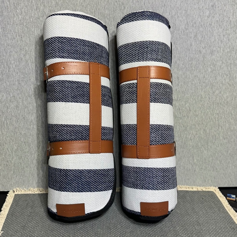 Picnic Pro Outdoor Blanket Set Blue White Stripe Waterproof PEVA Base 2 Pack